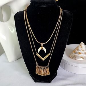 Boho Ethnic 3 Tier Gold Chain Horn Necklace New